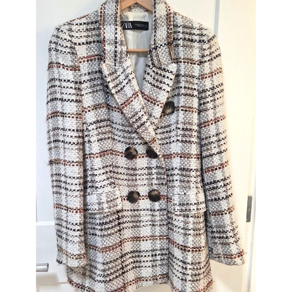 Zara Tweed Blazer Jacket XS Double Breasted Plaid Boucle Neutral Academa Cottage